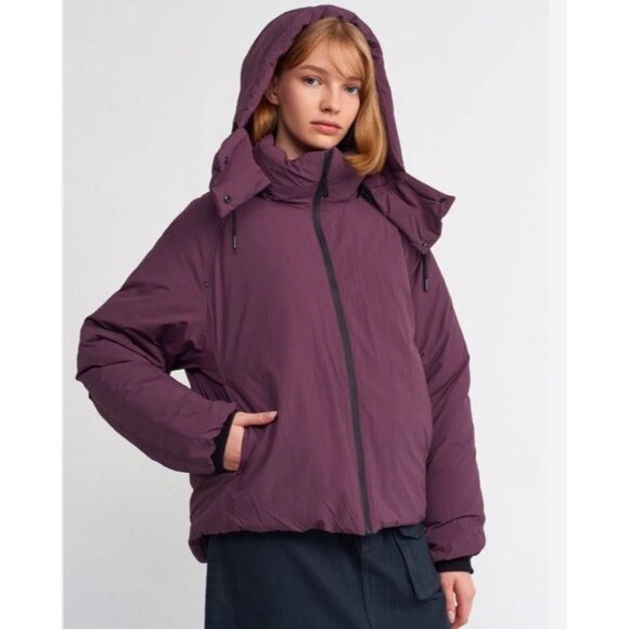 Zara Women’s LIMITED EDITION DOWN Jacket Hooded Puffer Coat Maroon L - Picture 1 of 9